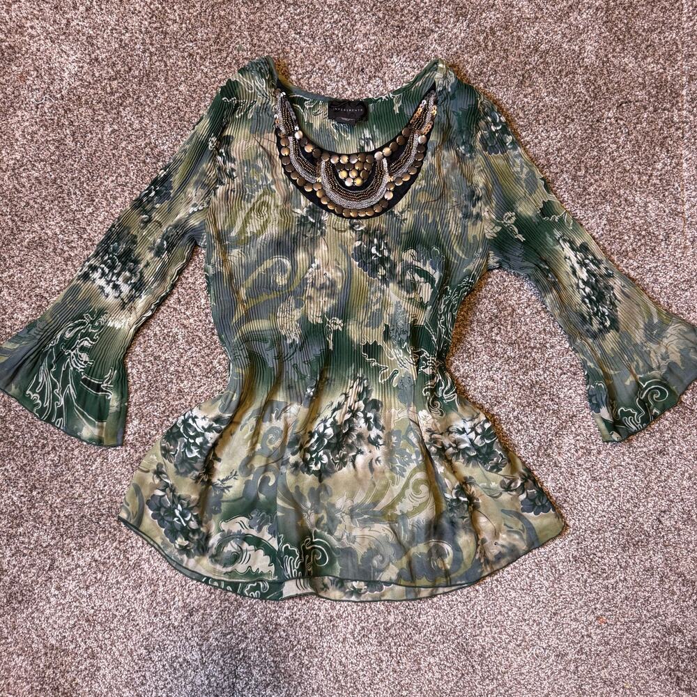 Green Beaded Floral Boho Fairycore 3/4 Sleeve Fall Indie Investments Size L